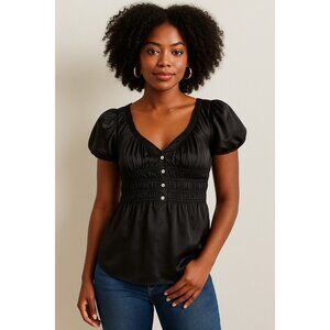 Cotton Express Silk Blend Black Puff Sleeve Button Blouse Top S Short Tunic